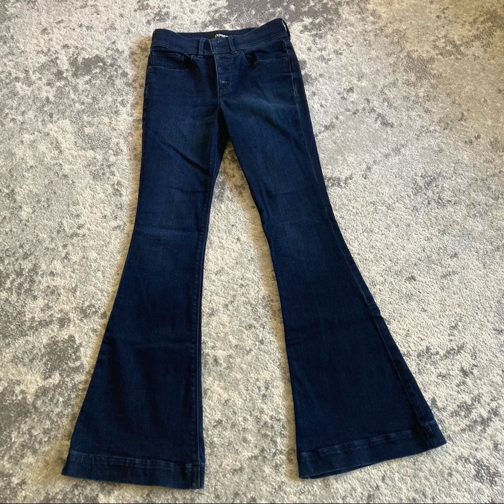 Express Dark wash, high rise, button fly bell bottom flare jeans